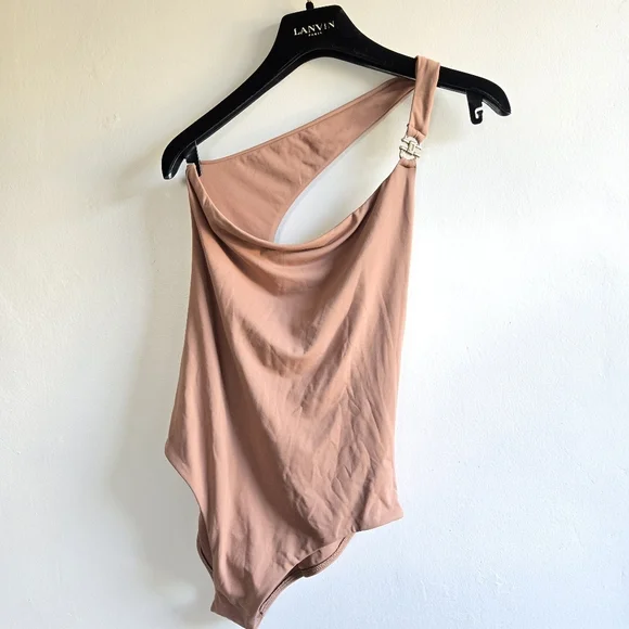New Melissa Odabash Asymmetric Strap Gold Hardware Mocha One Piece Swimsuit Med